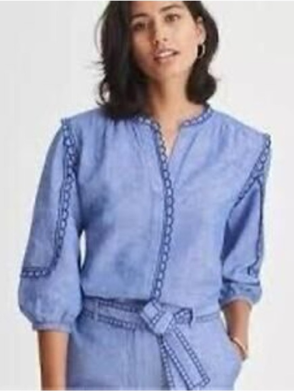 Ann Taylor Blue Eyelet-Trim Popover Blouse Linen Cotton Blend XXL